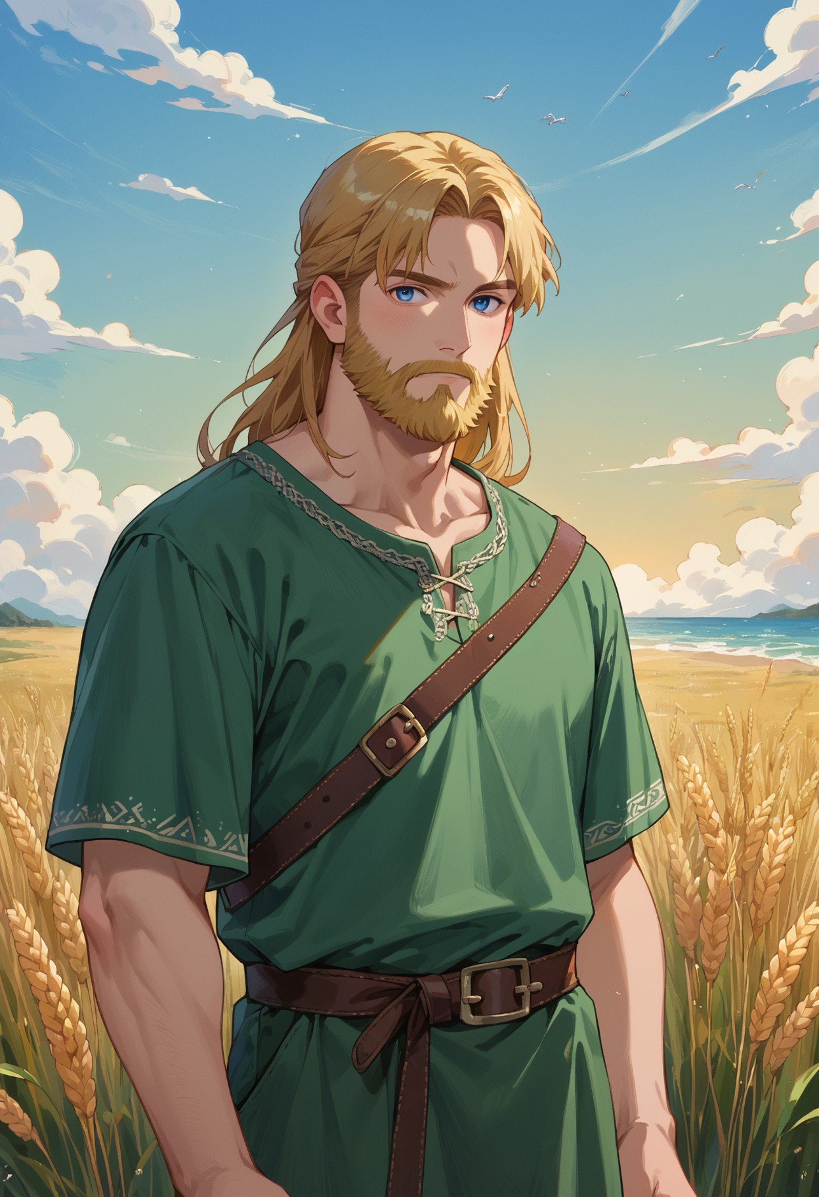 score_9, score_8_up, score_7_up,  source_anime, 1boy, medium blonde hair, long beard, blue eyes, green tunic, viking, viking clothes, ocean, wheat field