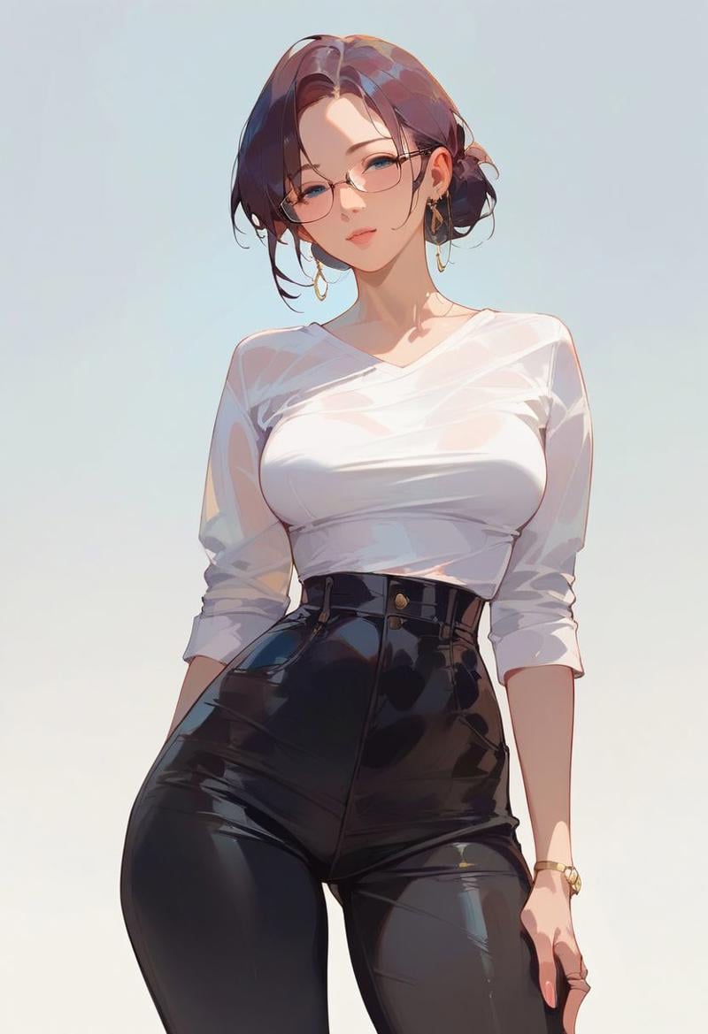 score_9, score_8_up, score_7_up, 1girl, mature girl, glasses, medium breasts, large hip, white shirt, black pants, tiny waist,