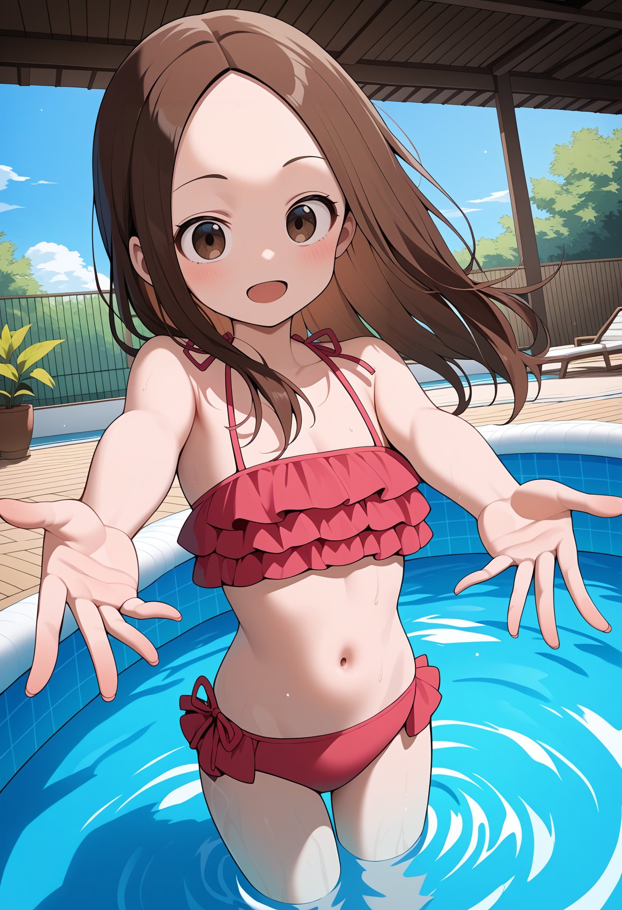 score_9, score_8_up, score_7_up, score_6_up, score_5_up, score_4_up, source_anime, aatakagi, solo, long hair, brown hair, parted bangs, frilled bikini, pink bikini, <lora:takagi-san_ponyxl_v1:0.9>, partially submerged, poolside, indoors, reaching, 