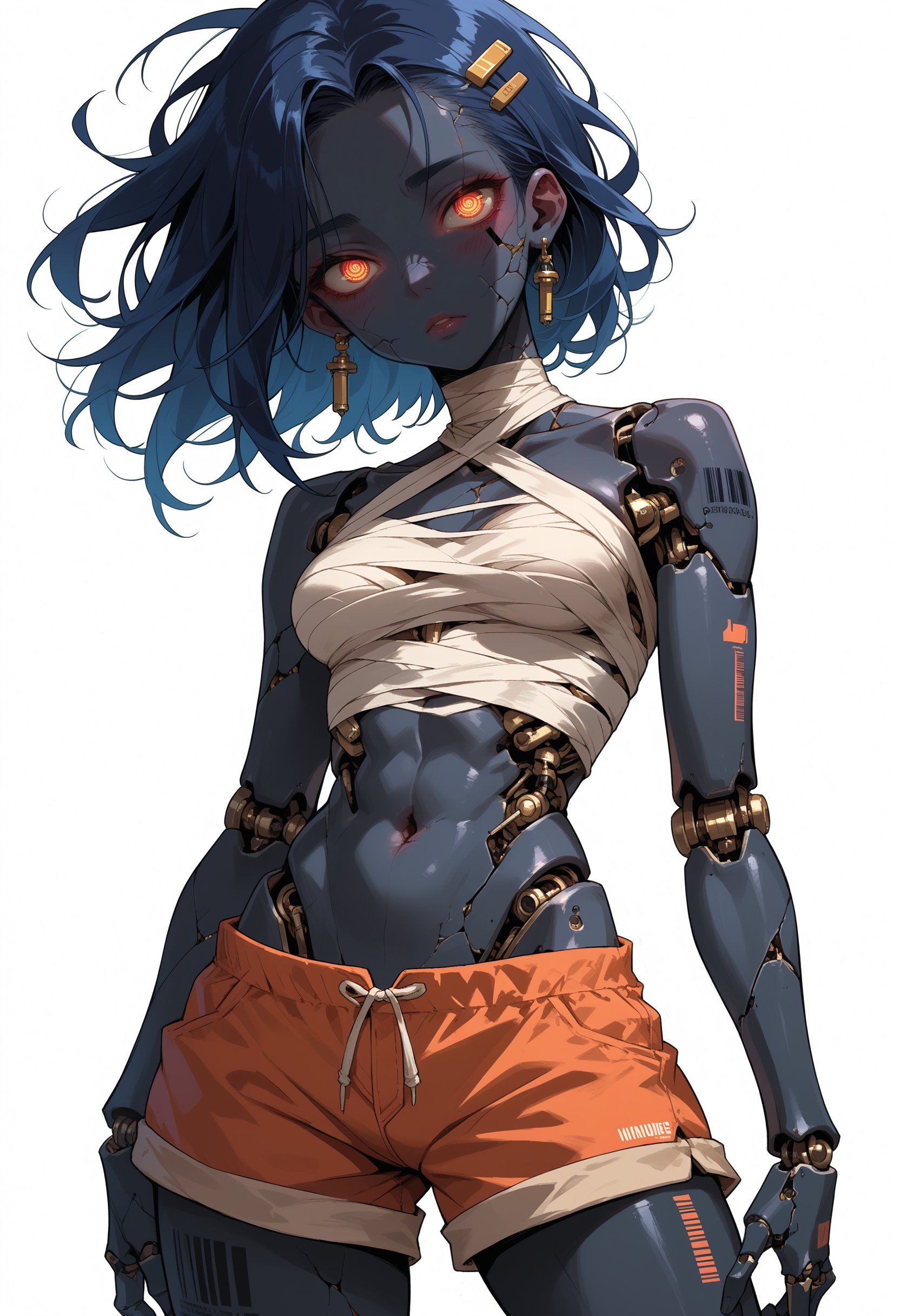 score_9, score_8_up, score_7_up, source_anime, 1girl, solo, doll joints, medium breasts, mechanical_eyes, joints, heat vents on body, barcode tattoo, mechanical_breasts, white background, cracked skin, body wraps, wraps, shorts, halter top, black skin, 