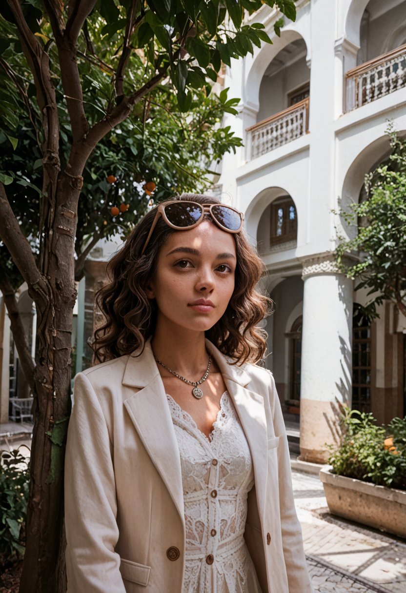 score_9, score_8_up, score_7_up, 1girl, solo, brown hair, tanned skin, wavy hair, leaning on object, white blazer, suit jacket, necklace, confident, sunglasses on head, courtyard, day, sunlight, citrus tree, pillar