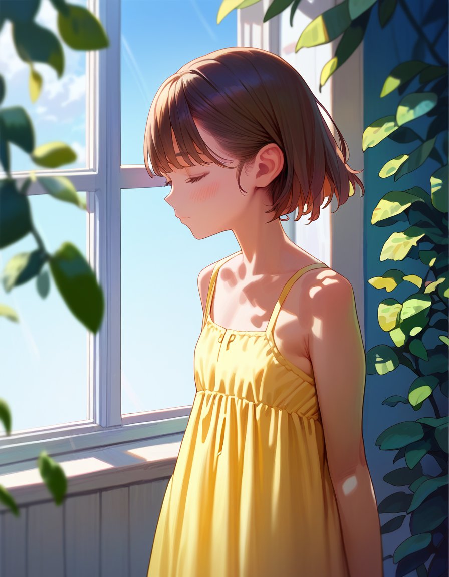 score_9, score_8_up, score_7_up, score_6_up, 1girl, solo, blush, sundress, yellow sundress, yellow dress, upper body, window, dappled sunlight, sunlight, nature, blue sky, <lora:aoikumikoPony:1> 