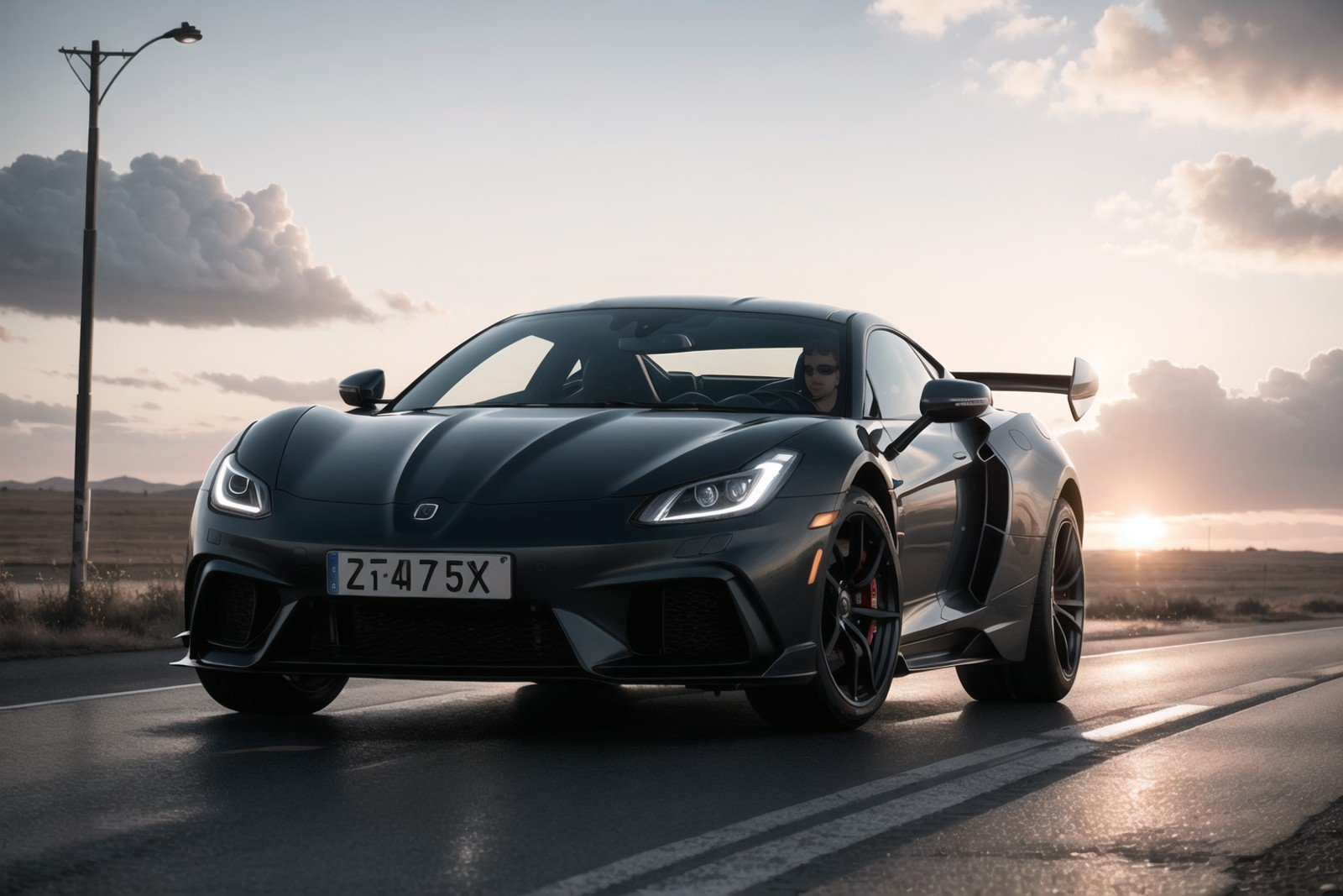 photo of a supercar, 8k uhd, high quality, road, sunset, motion blur, depth blur, cinematic, filmic image 4k, 8k with [George Miller's Mad Max style]. The image should be [ultra-realistic], with [high-resolution] captured in [natural light]. The lighting should create [soft shadows] and showcase the [raw] and [vibrant colors], volumetric dtx, depth blur, blurry background, bokeh, (motion blur:1.001)