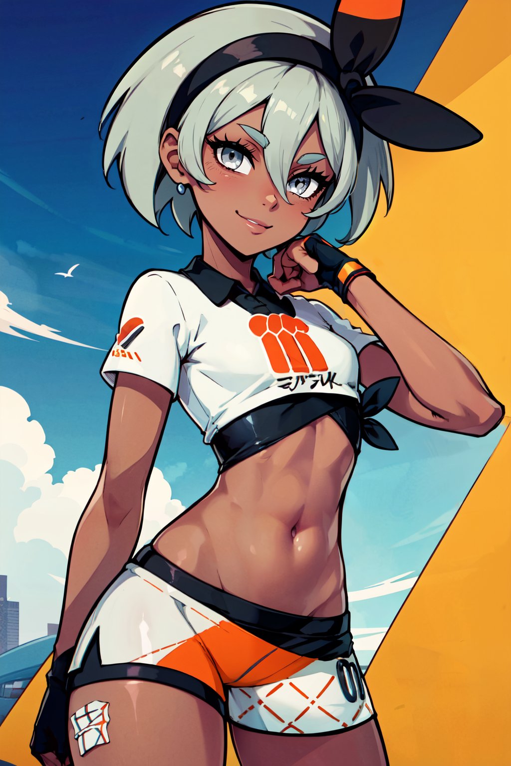 ((masterpiece,best quality)), absurdres, <lora:Bea_Pokemon_v2:0.8>, bea (pokemon),   black hairband, dark-skinned female, hair between eyes, grey hair, short hair, grey eyes, crop top, print shirt, bodysuit, shorts, single glove, solo, smile, looking at viewer, cowboy shot,