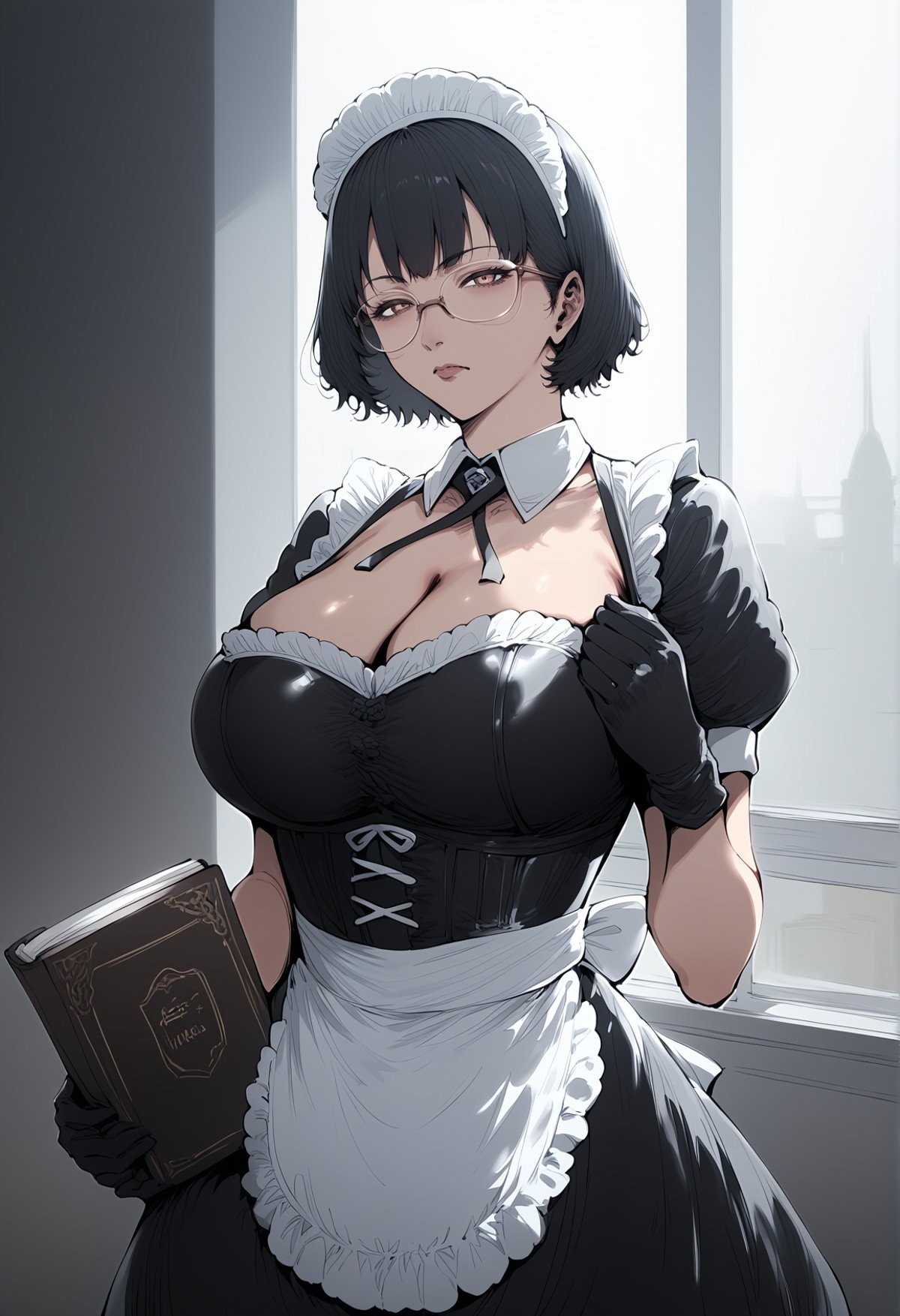 score_9, score_8_up, score_7_up, score_6_up, source_anime, <lora:ALH 0.1v:1>,1girl, solo, short hair, black hair, maid outfit, gothic style, glasses, holding book, large breasts,  Death Note, black gloves, white apron, lace details, corset, detailed, intricate design, cosplay, indoors, looking at viewer, serious expression, dark-themed, highly detailed, black and white clothing, classic maid, elegant, stylish, anime cosplay, city background.