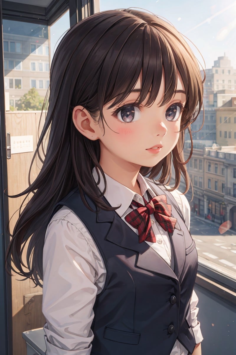 1girl, matured female, vest, bow, photo, realistic, best quality, hires, detailed face, office, buildings from window, detailed background, diffused sunlight, depth of field, bokeh,3d,<lora:detail:0.4>