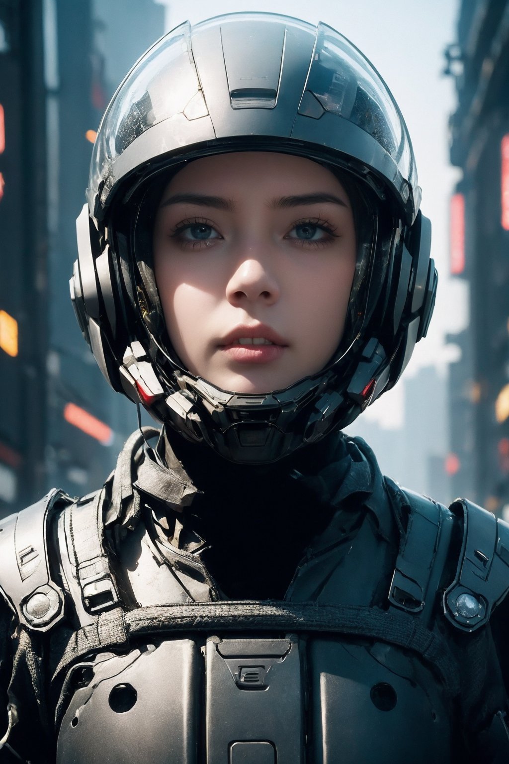 photorealistic,1girl,cyberpunk armor,helmet,(detailed face:1.2),upper body,realistic, science fiction, helmet, cable, cyberpunk, lips, screen, 