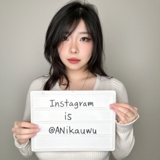 Anikaauwu, Asian, realistic, internet personality, lips, holding whiteboard over her chest that says "Instagram is @Anikaauwu"