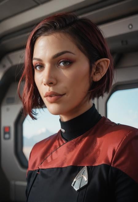 score_9, score_8_up, score_7_up, sketchy style, introspective, side bob haircut, elf girl, solo,pointy ears,on a space station,scifi scenery,near airlock framed portrait illustration,pcdst,Star trek  uniform,black jumpsuit,red,red shoulders,<lora:PicardPony-000050:0.8>