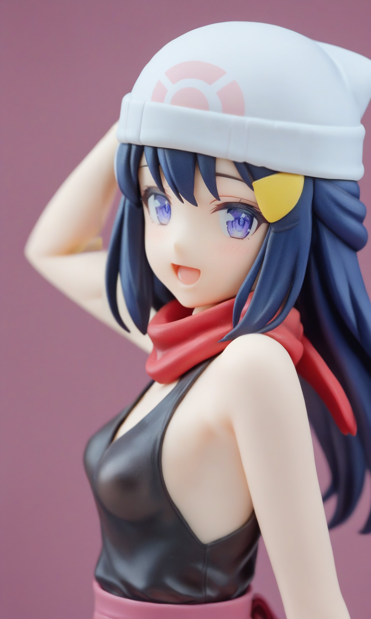 figure,masterpiece,best quality,<lora:dawn_(pokemon):1>,commentary_request, pink_background, white_headwear, hairclip, red_scarf, solo, :d, small_breasts, looking_at_viewer, hand_up, pink_skirt, sleeveless_shirt, beanie, highres, bare_shoulders, dawn_\(pokemon\), black_shirt, 1girl