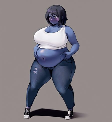 <lora:blueberry_inflation_v1-2-000060:0.7>(solo, 1girl:1.2),hands on own stomach, belly grab, (colored skin:0.8), (partial_blueberry_inflation)curvy, standing, midriff, (tank top, shirt:1.15), jeans, large breasts, breasts apart, surprised, shockedfull body,simple background