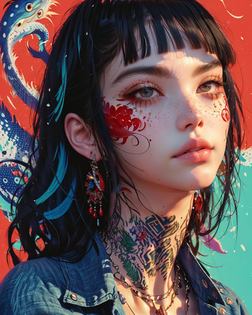 (masterpiece, realistic:1.5), 1girl,solo,long hair,looking at viewer,bangs,black hair,jewelry,jacket,upper body,multicolored hair,earrings,parted lips,blunt bangs,necklace,mole,black eyes,lips,tattoo,piercing,portrait,red background,freckles,fish,nose,neck tattoo,denim jacket<lora:mjportrait_v1:0.7>