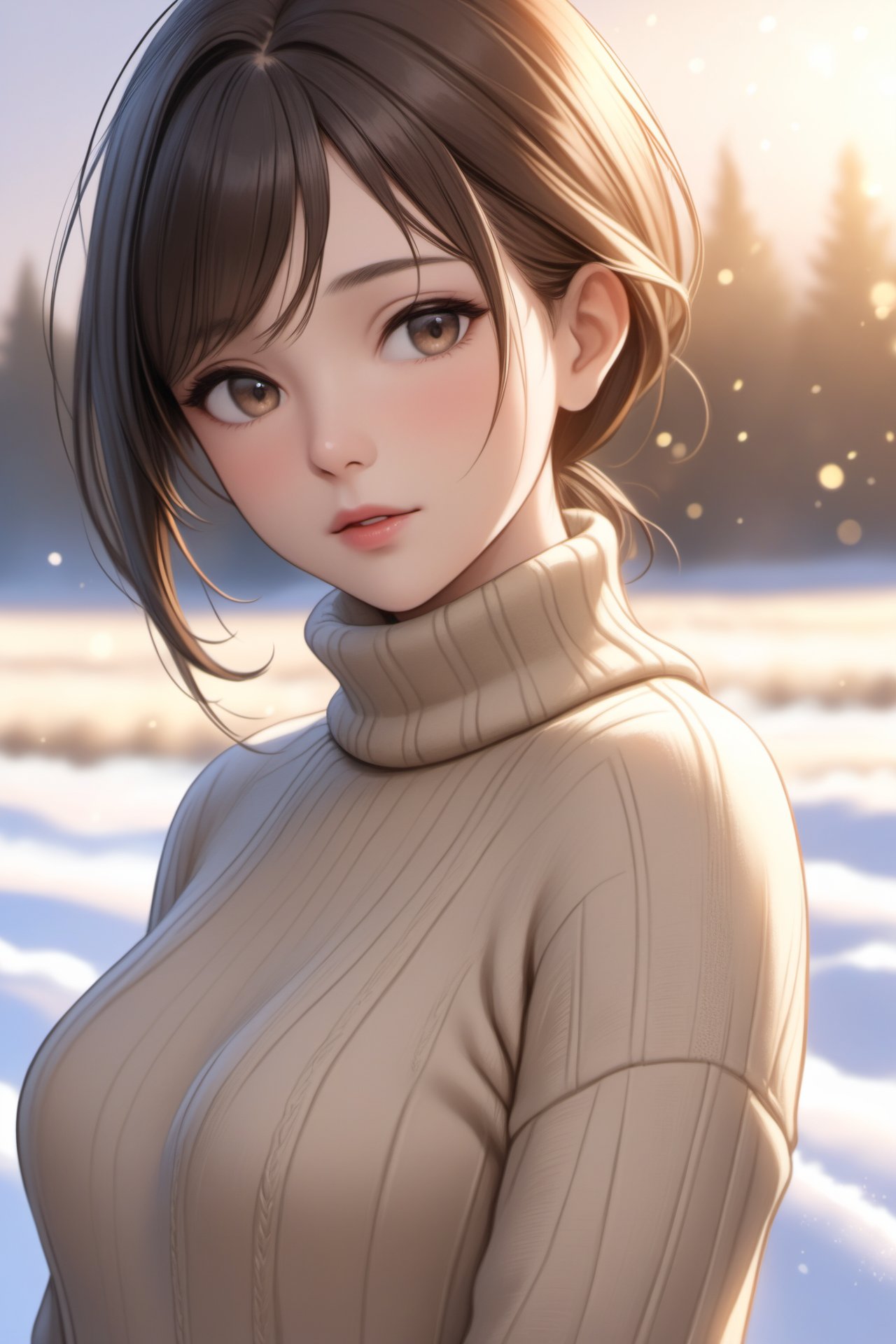 best quality,masterpiece,realistic,sharp focus,Bokeh,upper body,1girl,cinematic_lighting,sidelight,turtleneck_sweater,beige_sweater,fields,winter,