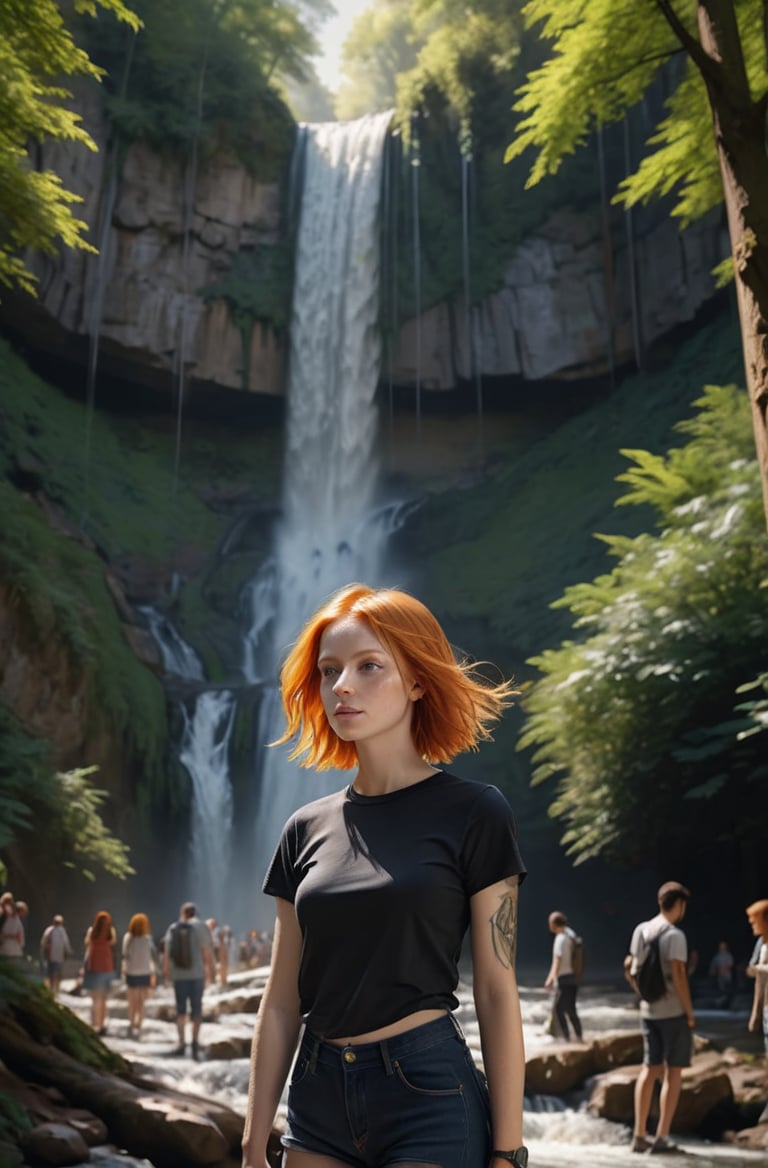 masterpiece of photorealism, photorealistic highly detailed 8k photography, best hyperrealistic quality, volumetric lighting and shadows, graduated bob orange hair young woman in casual clothes, Majestic Waterfalls full of busy people, Dynamic Follow Shot through a Forest Canopy