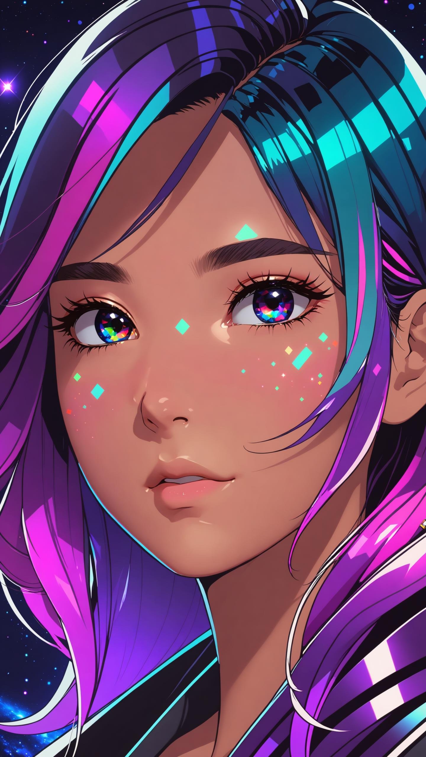 masterpiece, best quality,  1girl,  gradient hair, very detailed skin, detailed skin pores, raytracing, dark background, low lighting, galaxy background, glitched face effect