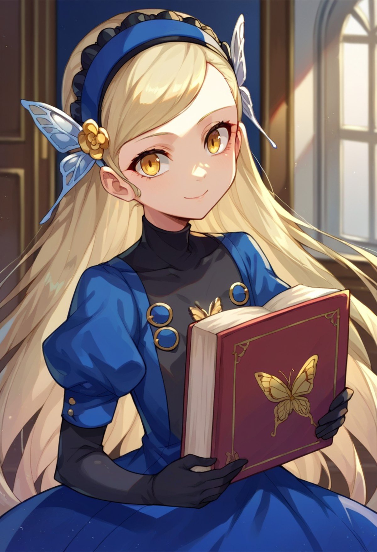 solo, smile, holding book, indoors, blue room, <lora:Lavenza-P5:0.8> lavenza, 1girl, yellow eyes, blonde hair, very long hair, flat chest, hairband, butterfly hair ornament, blue puffy sleeves, black elbow gloves, buttons on chest, blue dress,, score_9, score_8_up, score_7_up, source_anime,