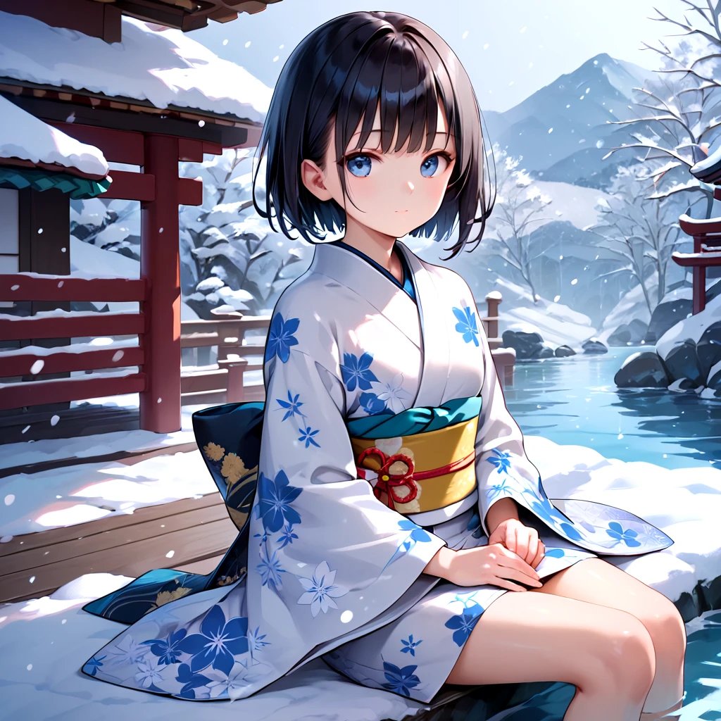 core_9, score_8_up, score_7_up, 1girl, solo, looking at viewer, short hair, bangs, blue eyes, black hair, long sleeves, sitting, closed mouth, outdoors, japanese clothes, wide sleeves, kimono, water, sash, obi, floral print, snow, snowing, white kimono, print kimono