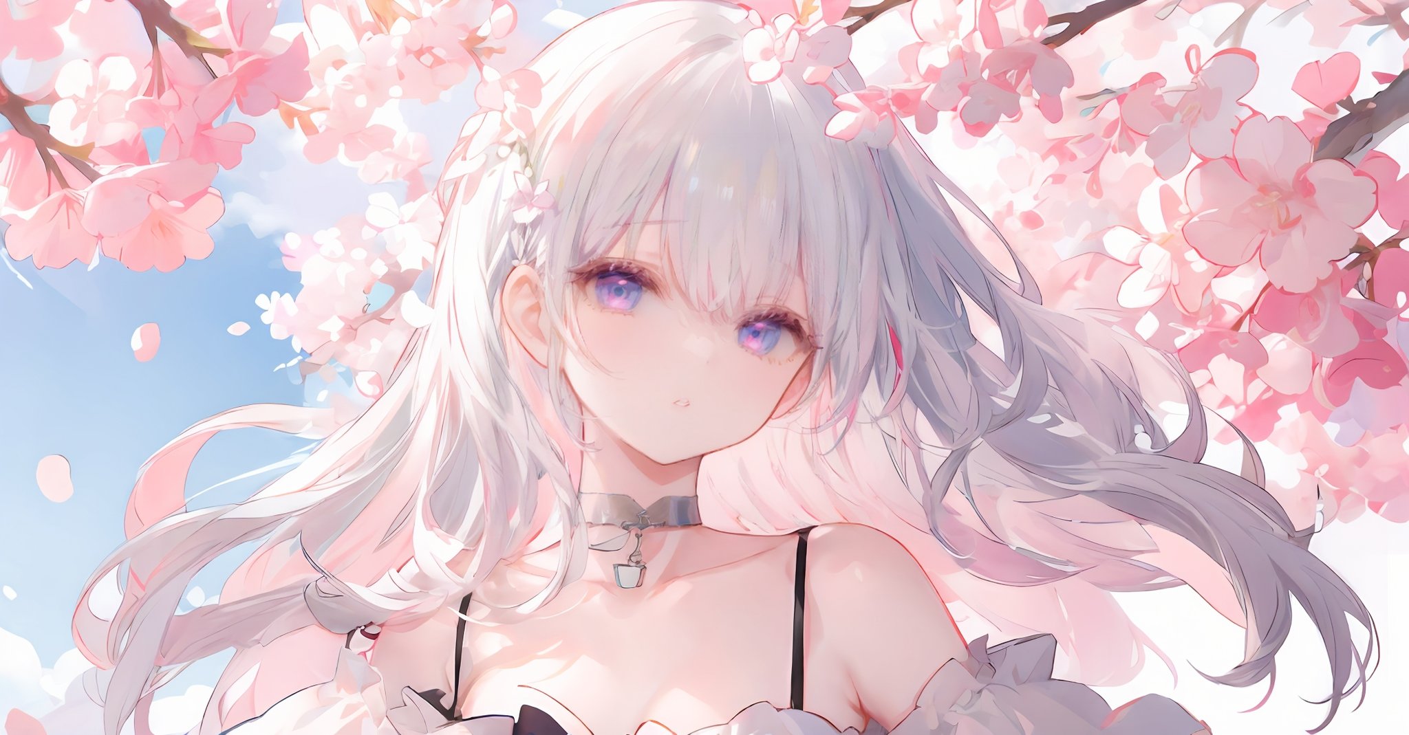 (masterpiece),illustration, best  quality, best refined rendering, extremely detailed, CG unity 8k wallpaper, sharp and clean edges, less noise, drawing as detailed and clear as possible, vivid and bright and colorful picture,1girl, solo, looking up, dress, long hair, blue eyes, choker, white hair, white dress, petals, white choker, flower, outdoors, arm up, parted lips, bare shoulders, off-shoulder dress, sky, pink flower, day, off shoulder, cherry blossoms, bangs, blurry, collarbone<lyco:GoodHands-beta2:0.86><lora:PAseer的神话壁纸V1:0.3>