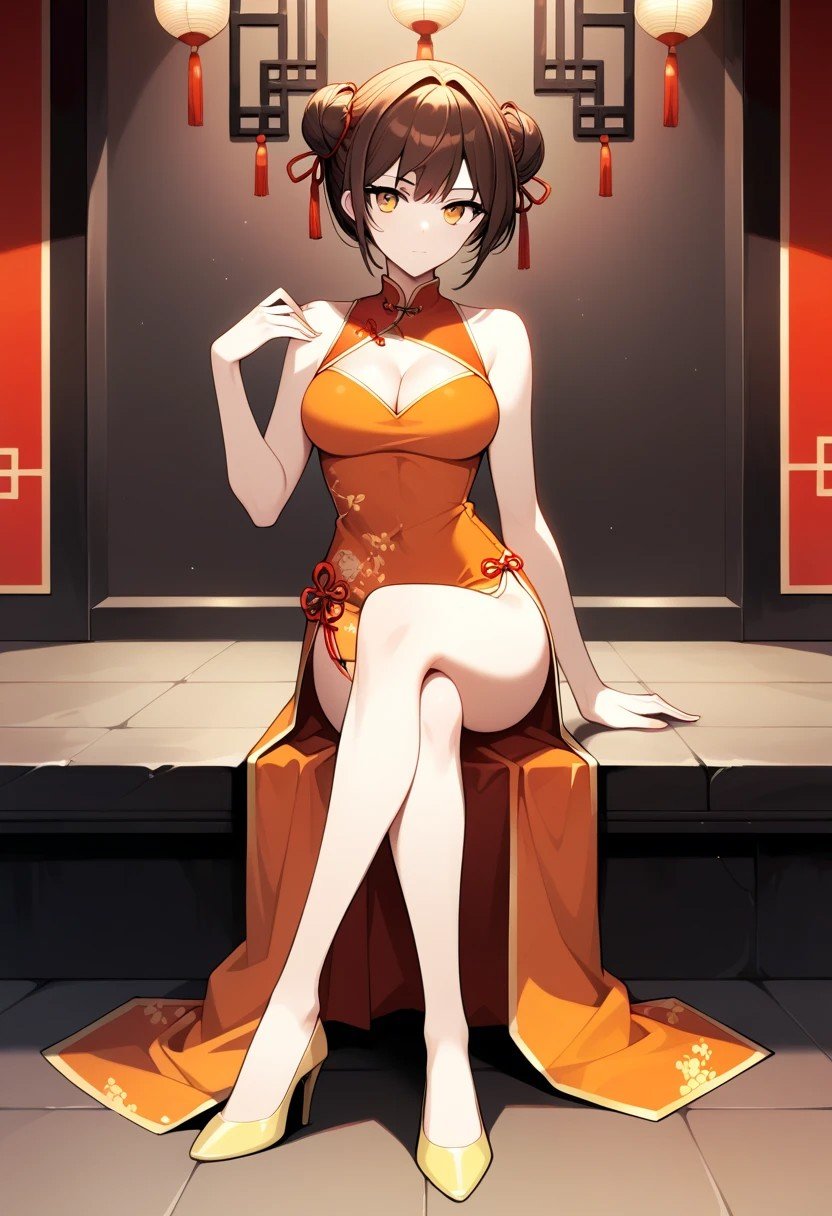 score_9,score_8_up,score_7_up,source_anime, Androssi Zahard,1girl,solo,breasts,looking at viewer,dress,closed mouth,cleavage,bare shoulders,sitting,medium breasts,full body,sleeveless,belt,hand up,high heels,clothing cutout,sleeveless dress,bare legs,chinese clothes,red dress,cleavage cutout,crossed legs,china dress,yellow footwear,orange dress,