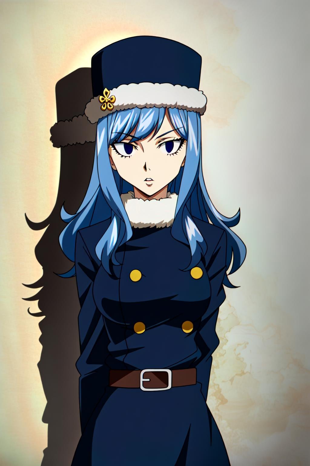 (extremely detailed CG unity 4k wallpaper),(masterpiece),(ultra quality),(ultra-detailed),(best illustration),(best shadow),(absurdres),(detailed background), <lora:OGT_Juvia_Lockser-v2:0.7> Juvia Lockser, hat, blue hair, long hair, 1girl, belt, arms behind back, blue eyes, breasts, solo focus