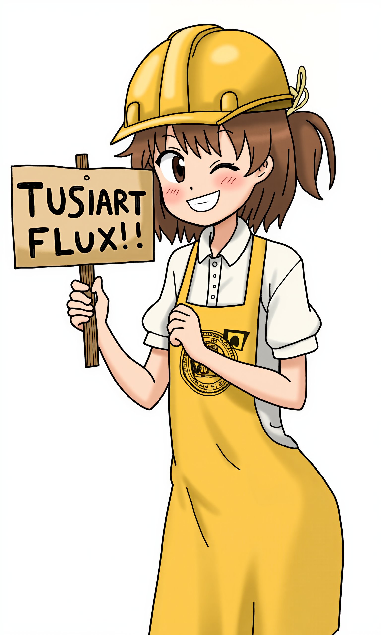 a helpful anime girl with a construction hardhat, winking and holding up a sign saying "Tusiart  Flux!" with a pasted on text below it saying "MIAOKA"