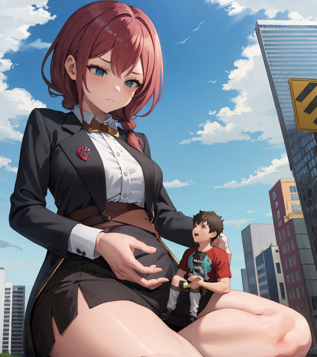 <lora:GTS:1>,gts,with tiny,1girl,(miniboy:1.2),size difference,sitting,giantess,city,holding miniboy in lap