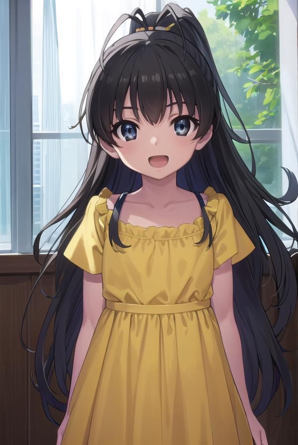 hinatakanashi, <lora:hina takanashi s1-lora-nochekaiser:1>,hina takanashi, long hair, black hair, (black eyes:1.3), ponytail, antenna hair, child, smile, open mouth,BREAK dress, yellow dress, short sleeves,BREAK indoors,BREAK looking at viewer, (cowboy shot:1.5),BREAK <lyco:GoodHands-beta2:1>, (masterpiece:1.2), best quality, high resolution, unity 8k wallpaper, (illustration:0.8), (beautiful detailed eyes:1.6), extremely detailed face, perfect lighting, extremely detailed CG, (perfect hands, perfect anatomy), 