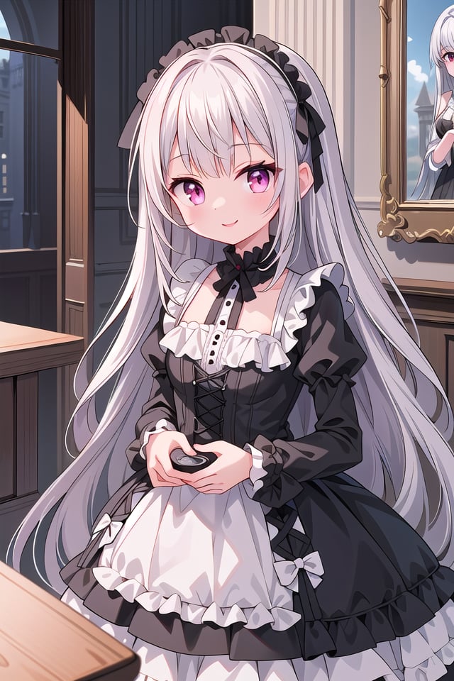 ((masterpiece:1.4, best quality)), ((masterpiece, best quality)),one girl, cute girl, silver hair, long hair, pink eyes, smile, black gothic dress, white frill, hair dress,indoors, castle, gothic, cute pose