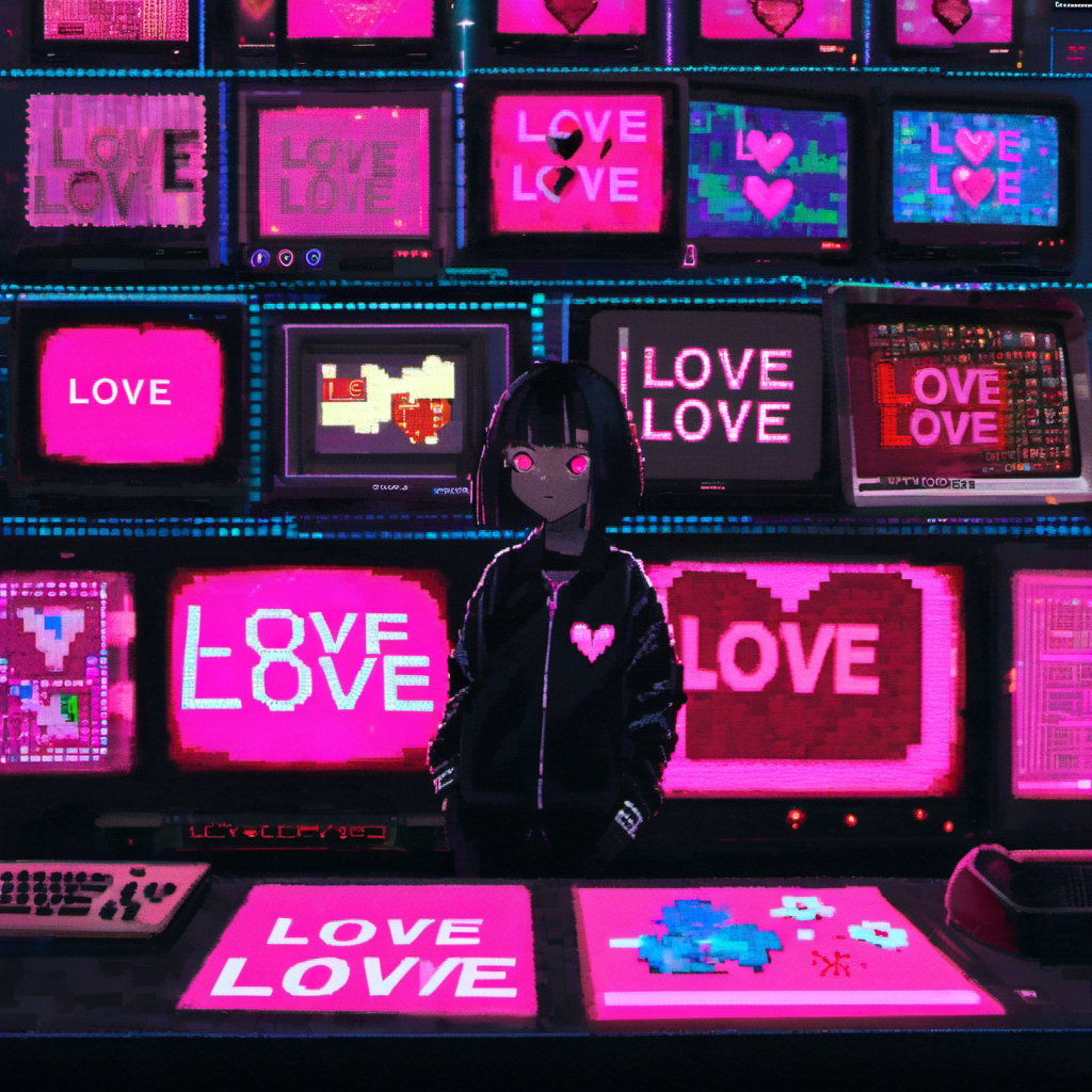 <lora:loneliness_xl_v2:0.8>,The image showcases a dark, neon-lit room with multiple screens displaying various symbols and messages. The central figure is an animated character with pink eyes, wearing a black jacket, standing in front of the screens. The screens display a mix of pixelated heart symbols, the word 'LOVE', and the phrase 'LOVE LOVE LOVE'. The overall ambiance of the image is mysterious and somewhat eerie, with the neon lights casting a glow on the character and the surroundings., dark, neon-lit, screens, symbols, messages, central figure, animated character, pink eyes, black jacket, LOVE, LOVE LOVE LOVE, LOVE LOVE LOVE