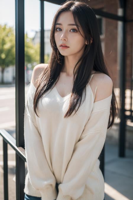 (8k, RAW photo, best quality, masterpiece:1.3),(realistic, photo-realistic:1.37),realistic skin texture,(photorealistic:1.3),(hyperrealistic:1.2),1 cute girl,solo,( beautiful eyes:1.2),perfect face,standing,black hair,long hair,outdoors,