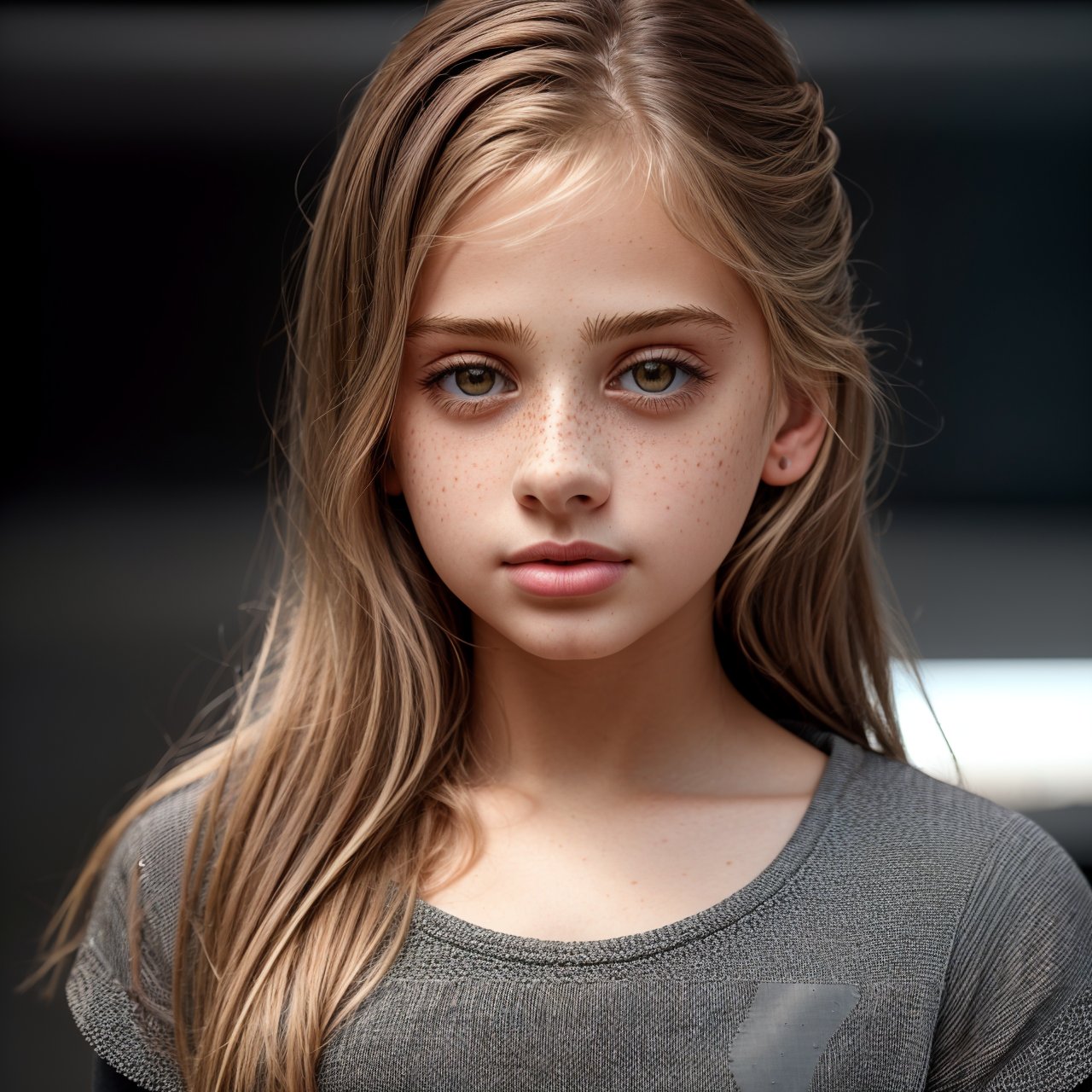 (masterpiece:1.3), best quality, extra resolution view from above, portrait of cute (AIDA_LoRA_InW2017:1.04) <lora:AIDA_LoRA_InW2017:0.99> in (simple gray shirt:1.1), [little girl], glossy skin with visible pores and freckles, pretty face, self-assurance, intricate pattern, kkw-ph1, (colorful:1.1), (studio photo:1.1), (simple black background:1.1)