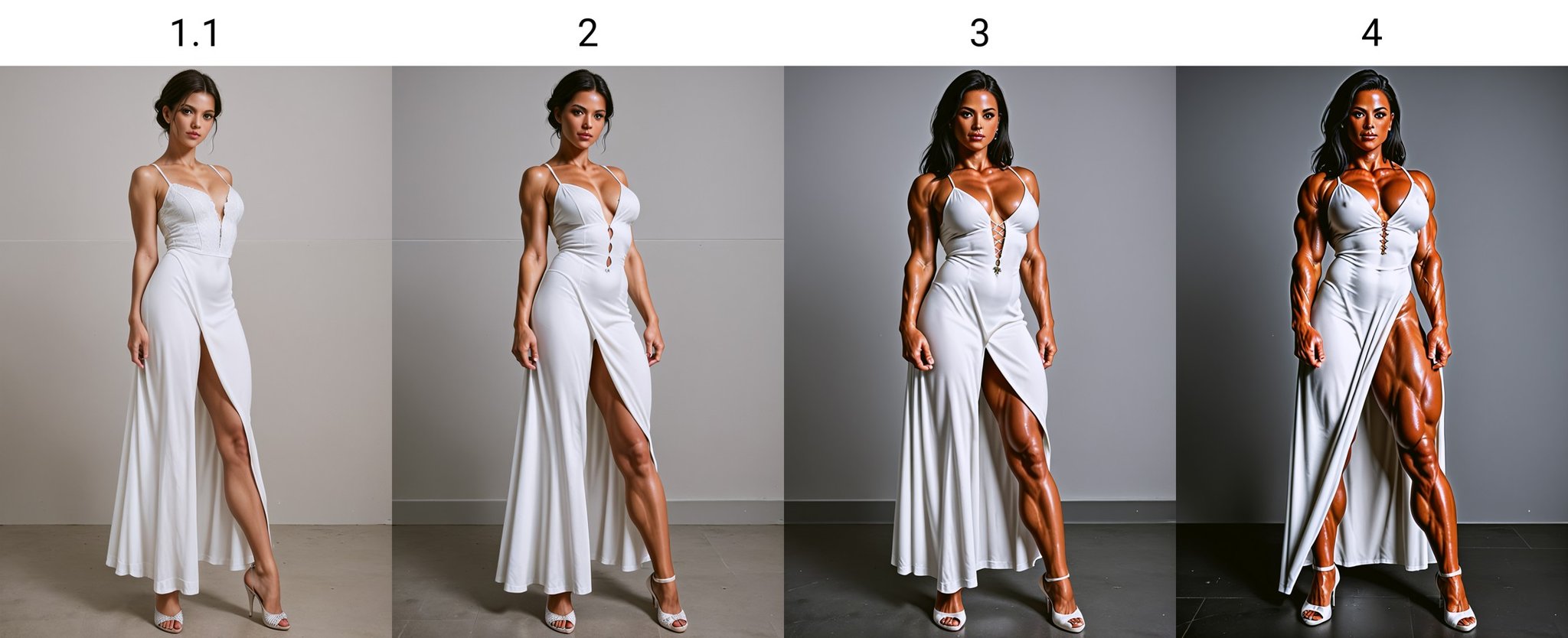 <lora:Skinny - Muscular Slider - PNY_alpha1.0_rank4_noxattn_last:1.1>, woman, looking at viewer, full body shot, white dress, 