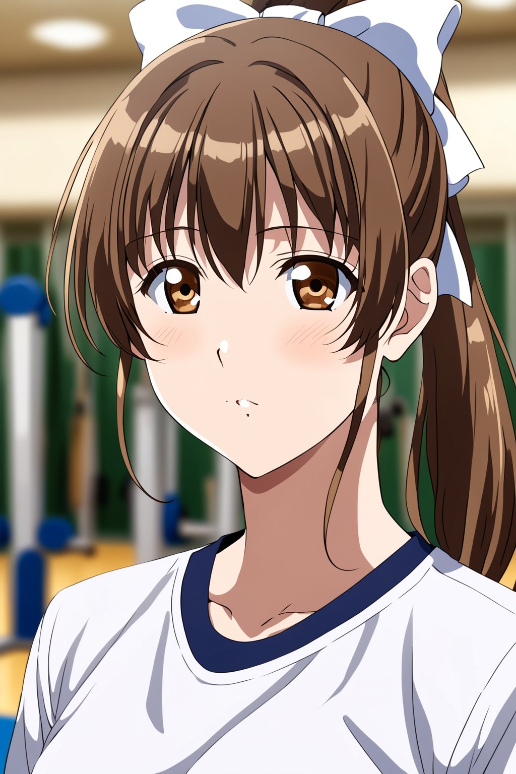 cowboy shot, sunohara shizuka, solo, ponytail, brown hair, brown eyes, gym uniform, gym, standing, hair bow, looking at viewer,masterpiece, perfect face, best quality, beautiful girl, blurry background, cute girl, beautiful eyes, shiny eyes, absurdres,<lora:sunohara shizuka AAM 3:1>