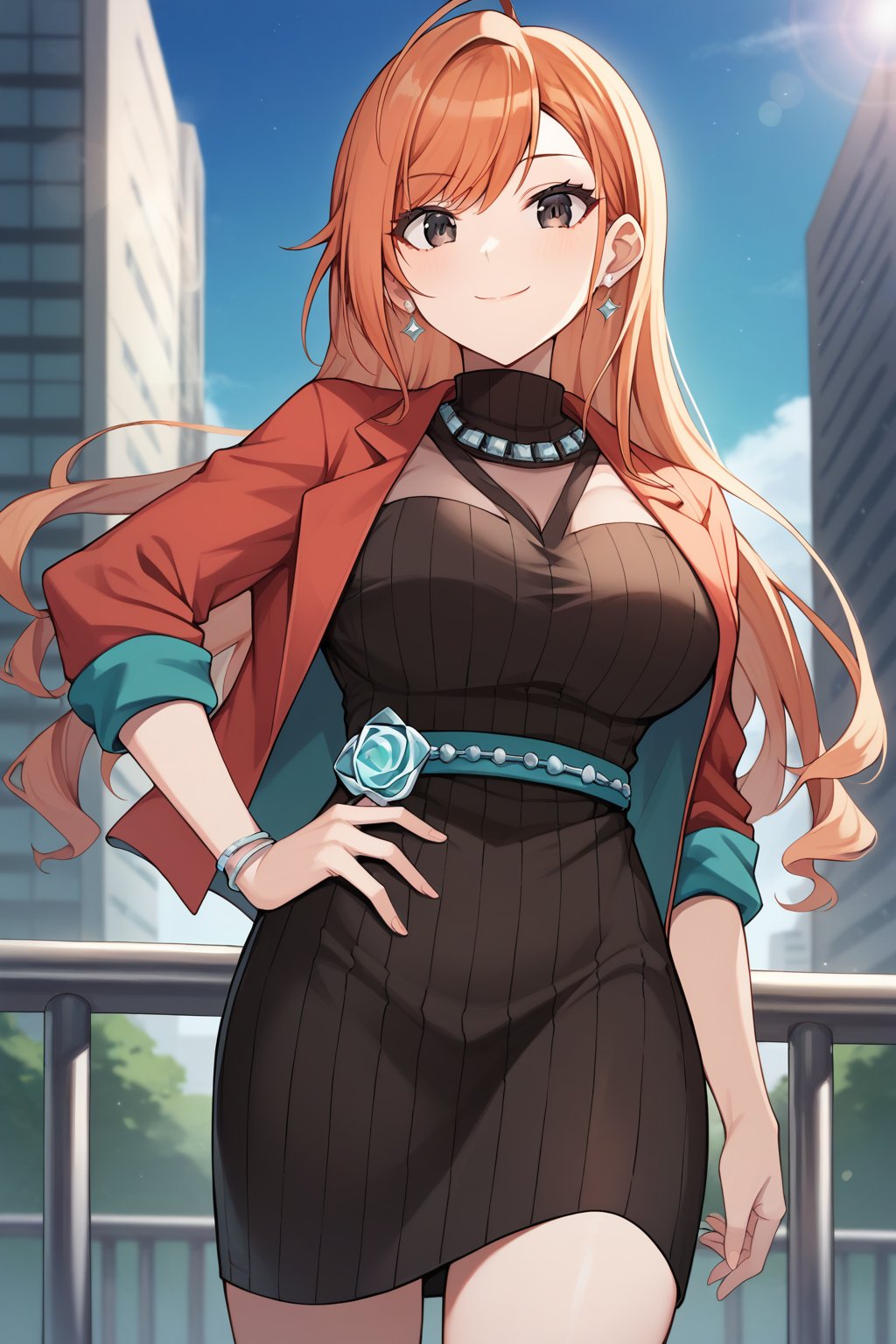 score_9, score_8_up, score_7_up, source_anime, orange hair, long hair, ahoge, swept bangs, black eyes, large breasts, cleavage, red jacket, open jacket, sleeves rolled up, black dress, short dress, ribbed dress, turtleneck, see-through cleavage, aqua belt, earrings, jewelry, looking at viewer, smile, closed mouth, hand on own hip, cowboy shot, outdoors, city, blue sky, <lora:arisugawa_natsuha_XL:0.9>, natsuhaarisugawa