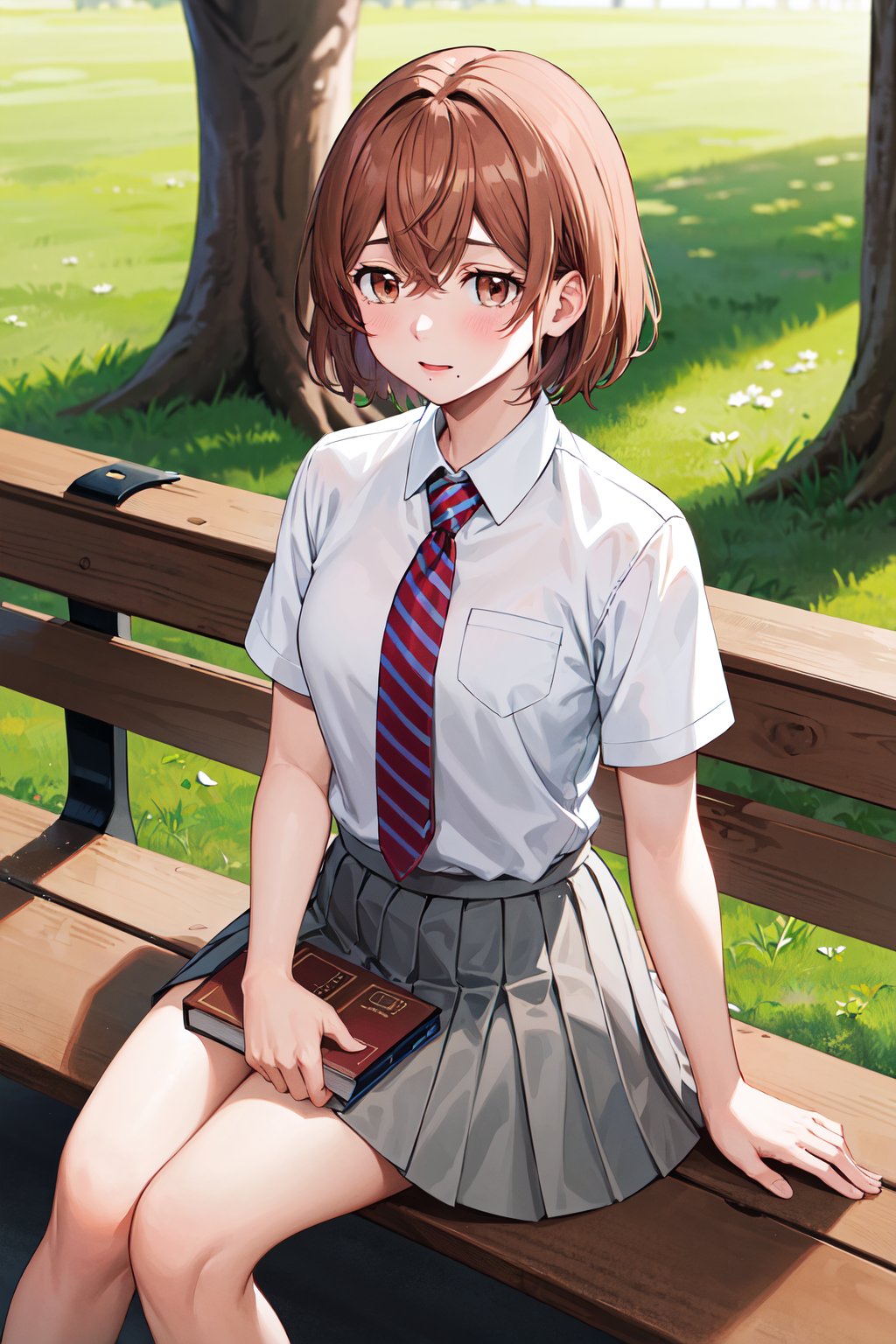 masterpiece, best quality, highres, 1girl, solo, short hair, brown hair, brown eyes, mole, striped necktie, collared shirt, white shirt, short sleeves, pleated skirt, grey skirt, <lora:tachibana_hinata_v1:0.7>, sitting, bench, book, outdoors, petals