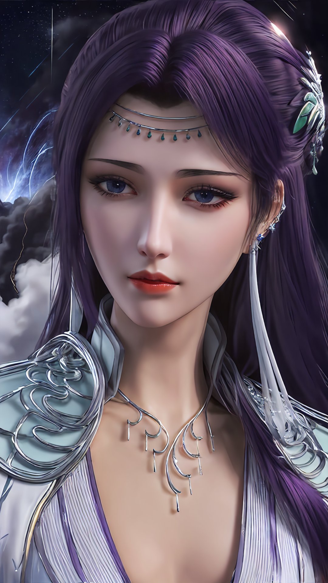 snfw,yy,1girl,solo,green chinese clothing,hollow shoulder armor,ear accessories,forehead jewelry,long hair,ear ribbon,collar,closed mouth,realistic,purple hair,portrait,(starry tornado:1.4), starry Nebula, beautiful detailed sky,shinyafuru,