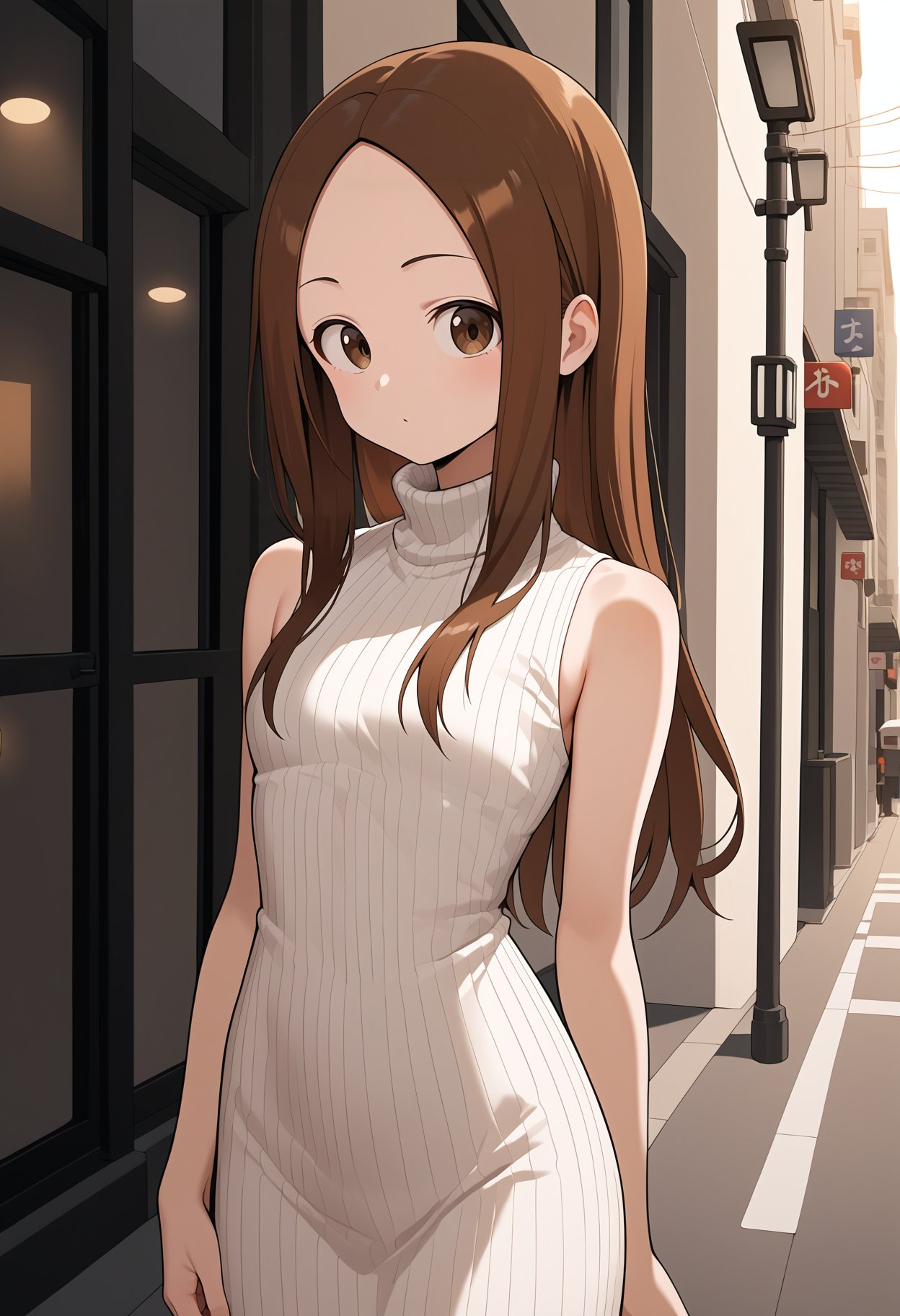 score_9, score_8_up, score_7_up, score_6_up, score_5_up, score_4_up, source_anime, aatakagi, solo, long hair, brown hair, parted bangs, <lora:takagi-san_ponyxl_v1:0.9>, turtleneck, sweater dress, sleeveless, standing, cowboy shot, street,