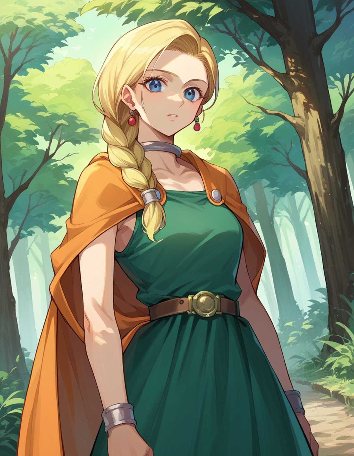 score_9, score_8_up, score_7_up, source_anime,dqbianca, <lora:dq-bianca-ponyxl-lora-nochekaiser:1>,bianca, blonde hair, blue eyes, braid, braided ponytail, long hair,belt, brown belt, cape, dress, earrings, jewelry, green dress,outdoors, forest, nature,looking at viewer, dutch angle, cowboy shot,