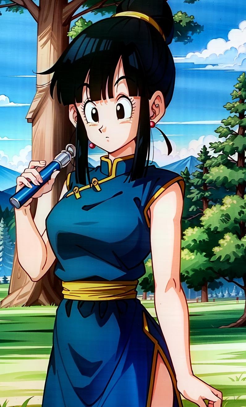 (extremely detailed CG unity 4k wallpaper),(masterpiece),(best quality),(ultra-detailed),(best illustration),(best shadow),(absurdres),(detailed background), <lora:OGT_Chi_Chi-v2:0.7> Chi Chi DBZ, 1girl, chi-chi (dragon ball z), solo, black hair, tree, outdoors, dress, black eyes, hair bun, earrings, sky, cloud, single hair bun, day, jewelry, retro artstyle, bangs, chinese clothes