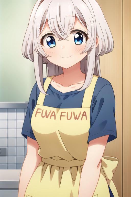 (masterpiece), towa, long hair, blue eyes, white hair, 1girl, solo, apron, shirt, smile, short sleeves, blue shirt, hair between eyes, clothes writing, hair intakes, looking at viewer, closed mouth, yellow apron, collarbone