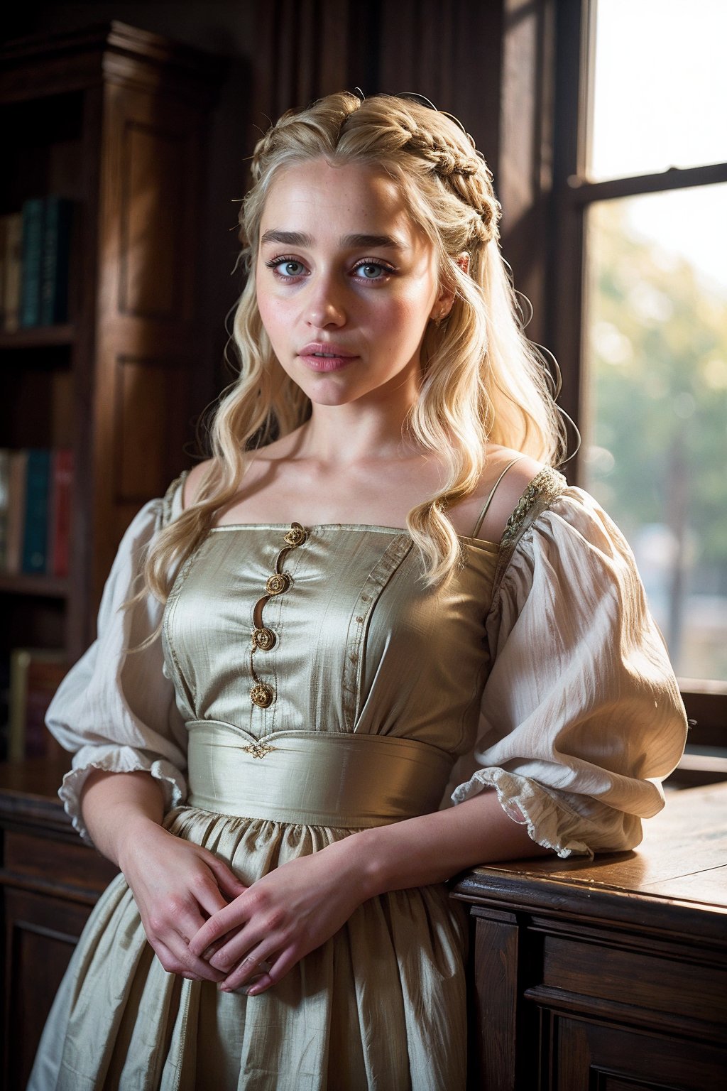 EmiliaClarke,a woman wearing renaissance dress, queen, blonde hair, braids, (bookstore:0.8), (golden hour:0.5) <lora:EmiliaClarke:0.9>