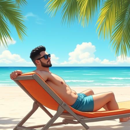 realistic cartoon, a man in his swimsuit relaxing at a tropical beach, sunglasses, black hair, beach chair