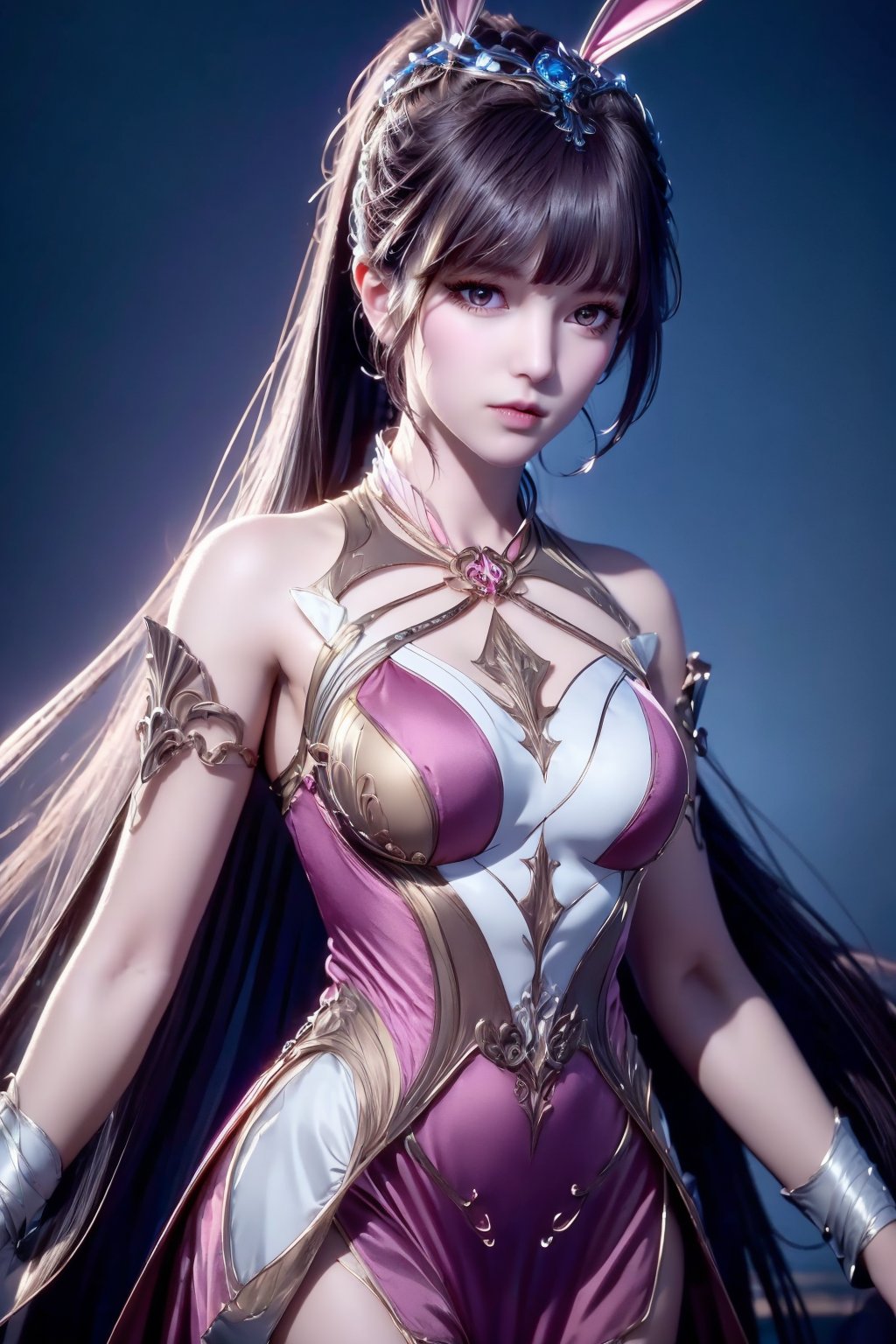 <lora:AgainXiaowu:0.8>, AgainXiaowu, 1girl, solo, upper body, animal ears, metal collar, rabbit ears, ponytail, brown hair, long hair, hair ornament, pink dress, dress, collar, closed mouth, looking at viewer, breasts, bare shoulders, medium breasts, expressionless, blue background, dark background