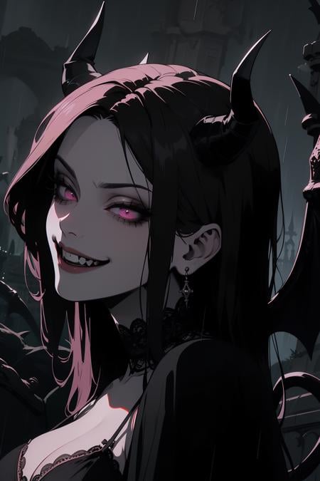 (outside, dark castle, raining, evening, soft light, dim lit, moody vibe), (insanely detailed, beautiful detailed face, masterpiece, best quality), succubus, demon girl, mature female, black hair, pink eyes, grin, smirk, demon horns, black tail, black demon wings, white lingerie,