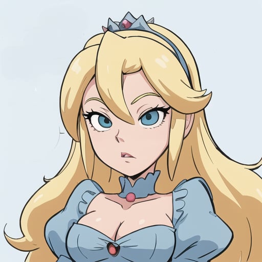 princess rosalina, simple background <lora:Jab2:1.2>dr24jab, tiara, blonde hair, blue dress, masterpiece, best quality, anti-aliasing, limited palette, super resolution, rich colors