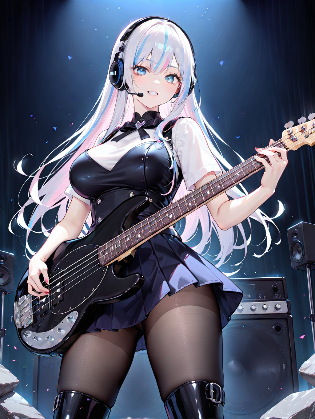 1lady playing bass guitar,solo,rock_n_roll,standing,dynamic angle,beautiful eyes,long hair,streaked hair,Himecut,sailorfuku,big breast,eibow glove,little smile,lovestruck,earphone,thighboots,pantyhose,speaker,amplifier,very aesthetic, masterpiece, best quality, absurdres, <lora:musicman-stingray4-bass:1>