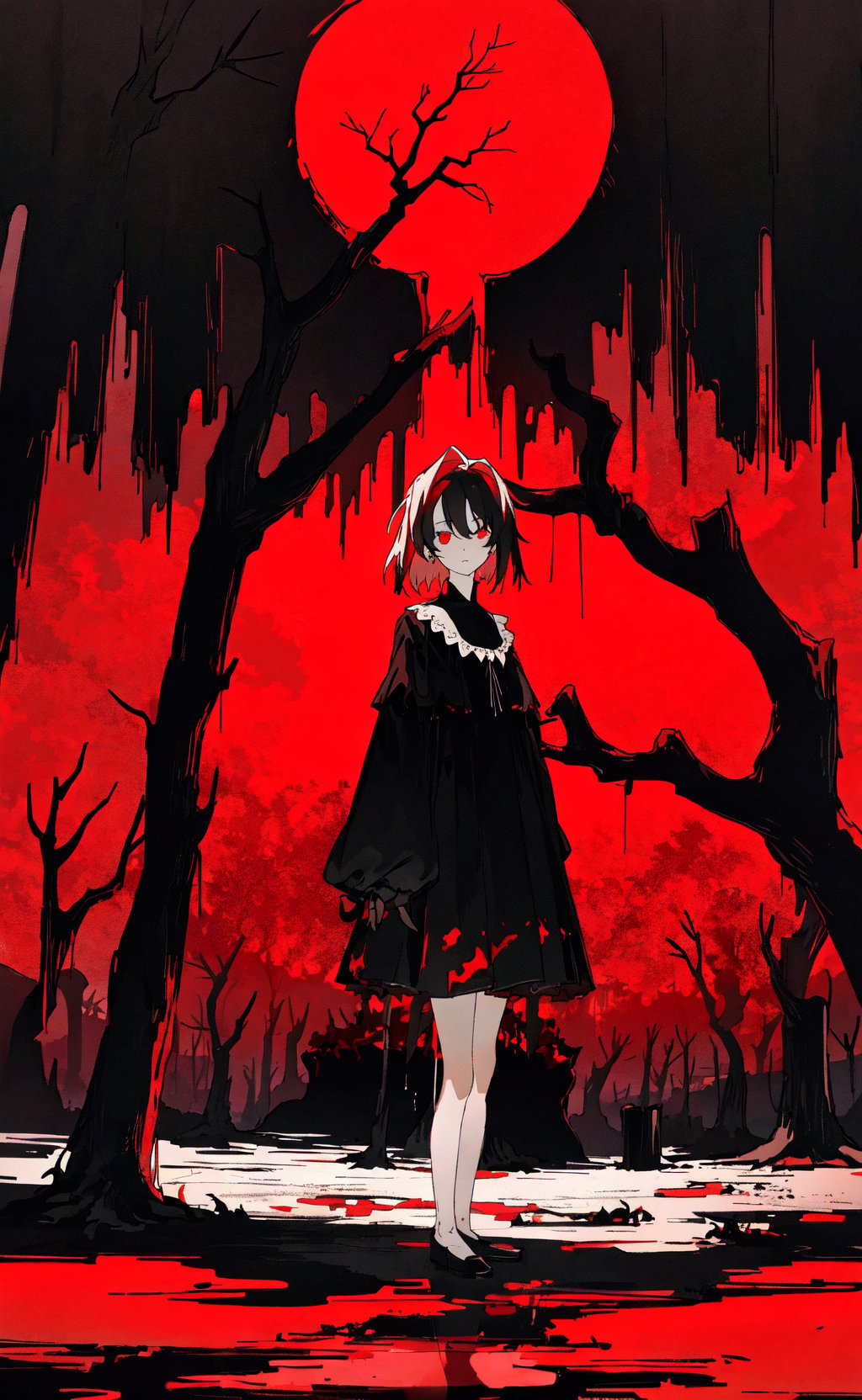 masterpiece, best quality, girl standing under the dead tree, black and red palette, eerie