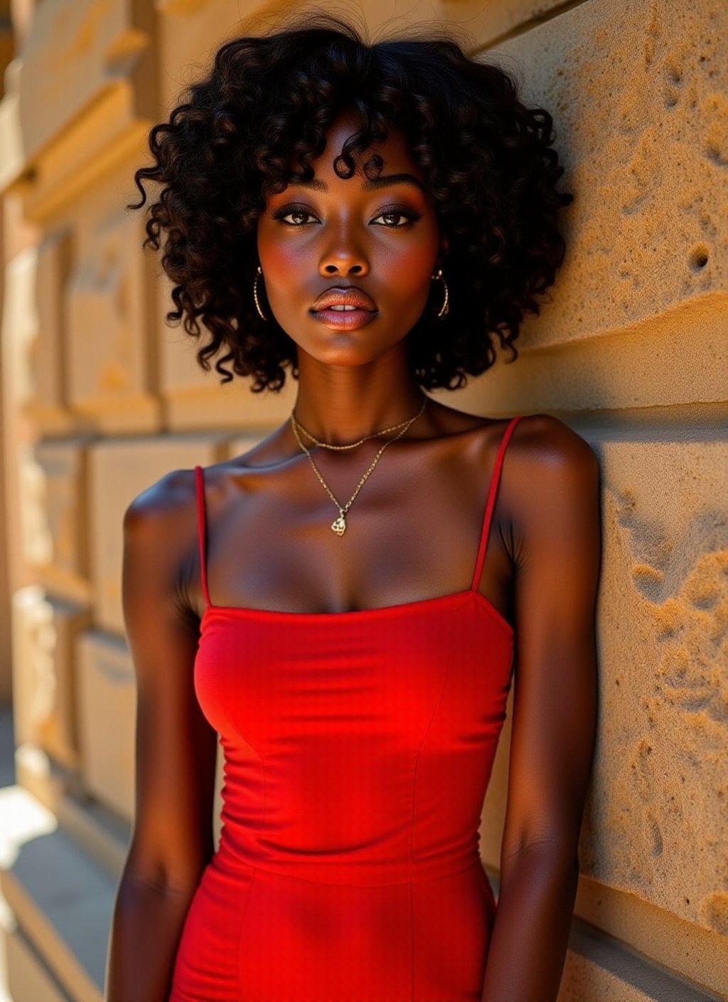 A striking photograph of a young woman with a dark brown complexion, her curly hair cascading around her shoulders, wearing a vibrant red dress. She stands confidently against a textured stone wall, vibrant sunlight illuminating her features, creating sharp contrasts and highlights <lora:Ebony_Beauties-000001:1>