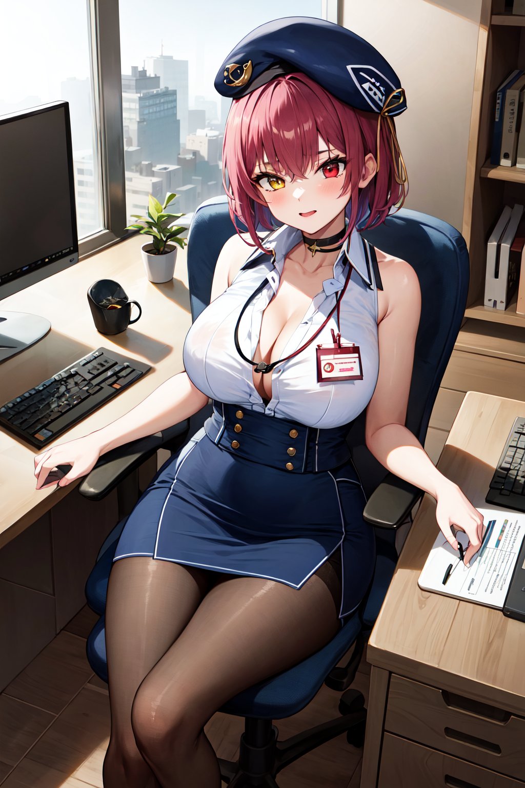 masterpiece, best quality, highres, hhmarine, short hair, beret, heterochromia, black choker, lanyard, cleavage, sleeveless shirt, collared shirt, white shirt, high-waist skirt, blue skirt, black pantyhose, <lora:houshou_marine_v1:0.8>, office, sitting, desk, chair, keyboard \(computer\), 