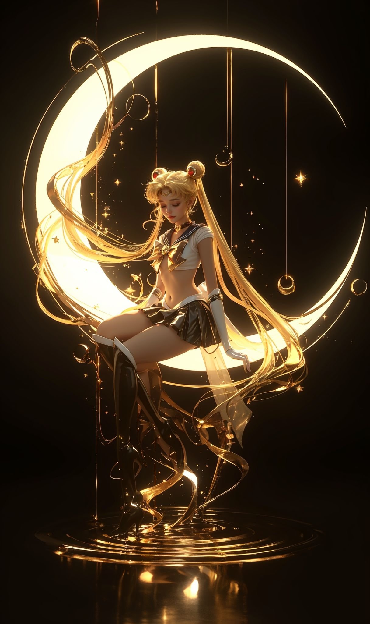 (8k, RAW photo, highly detailed,masterpiece, highest quality),rich colors,high contrast,film still,full shot body photo of the most beautiful artwork in the world,cinematic light,fantasy,highres,(detailed face),xuer Sailor Moon,1girl,long hair,tsukino usagi,solo,blonde hair,skirt,twintails,sailor senshi uniform,very long hair,boots,crescent moon,closed eyes,sailor moon,sitting,hair bun,knee boots,jewelry,pleated skirt,magical girl,double bun,gloves,elbow gloves,sailor collar,crescent,full body,moon,high heels,earrings,white gloves,star \(symbol\),miniskirt,bow,choker,white shirt,high heel boots,hair ornament,shirt,black background,sleeveless,high gloss,extremely beautiful skin,natural skin texture,(pale skin, real_skin),(Milky skin:1.2),(shiny skin:1.5),(high_heels:1.2),<lora:xuer Sailor Moon_20240329152018:0.8>,